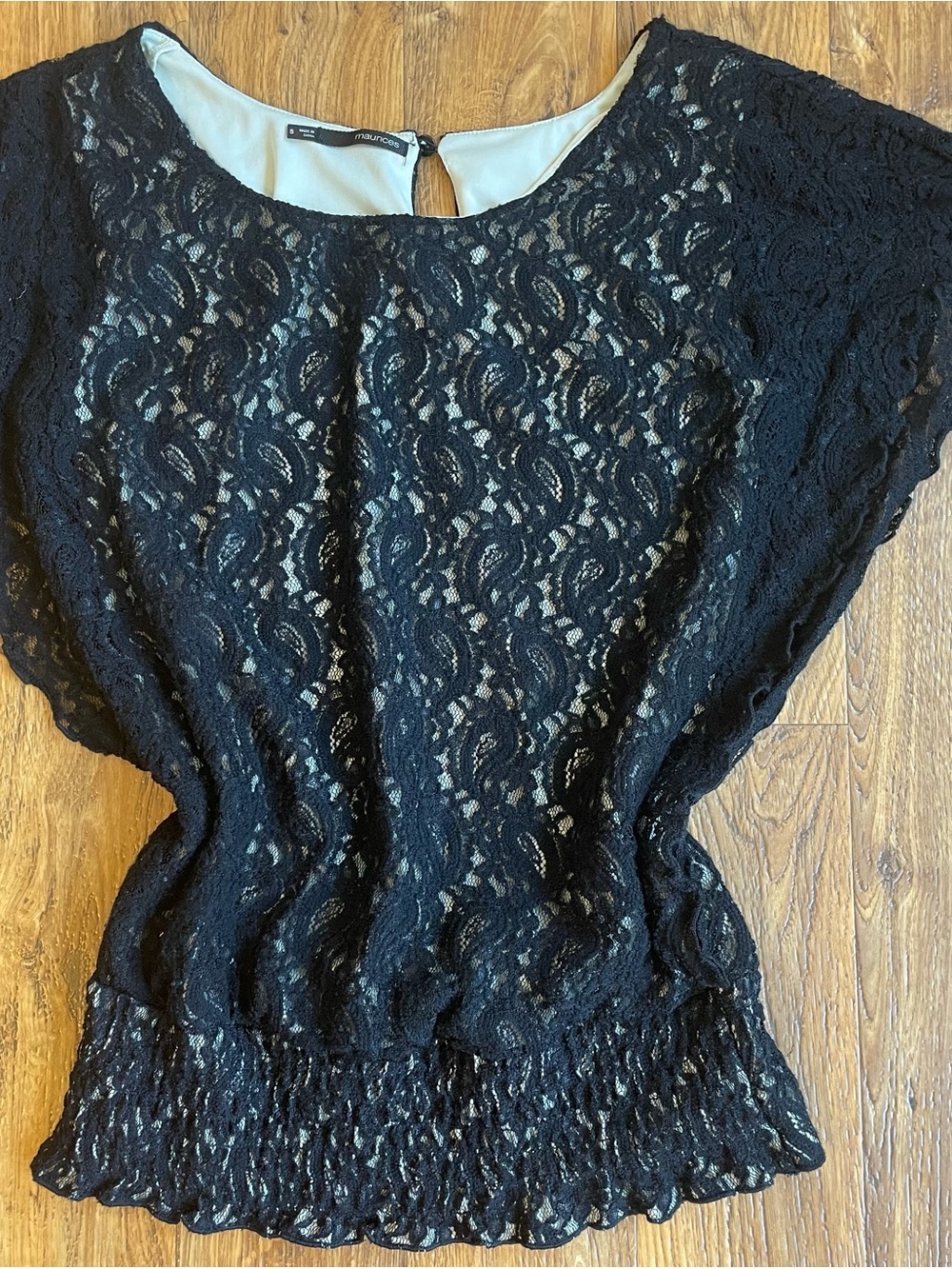 Black Lace Blouse with Shirred Hem